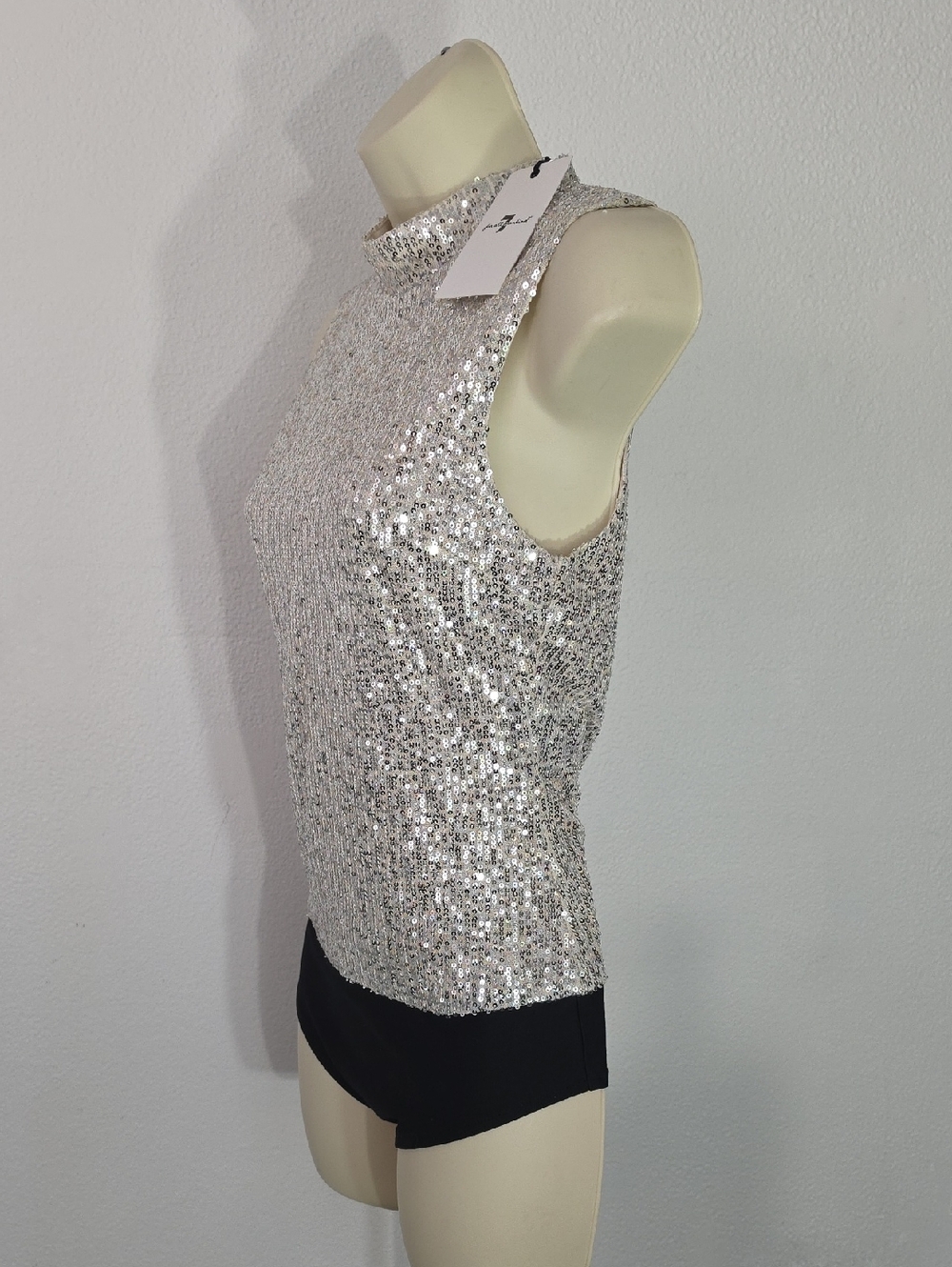 7 for all mankind Sleeveless Sequin Tank Style Mock Neck Bodysuit Silver Size M - Picture 9 of 17